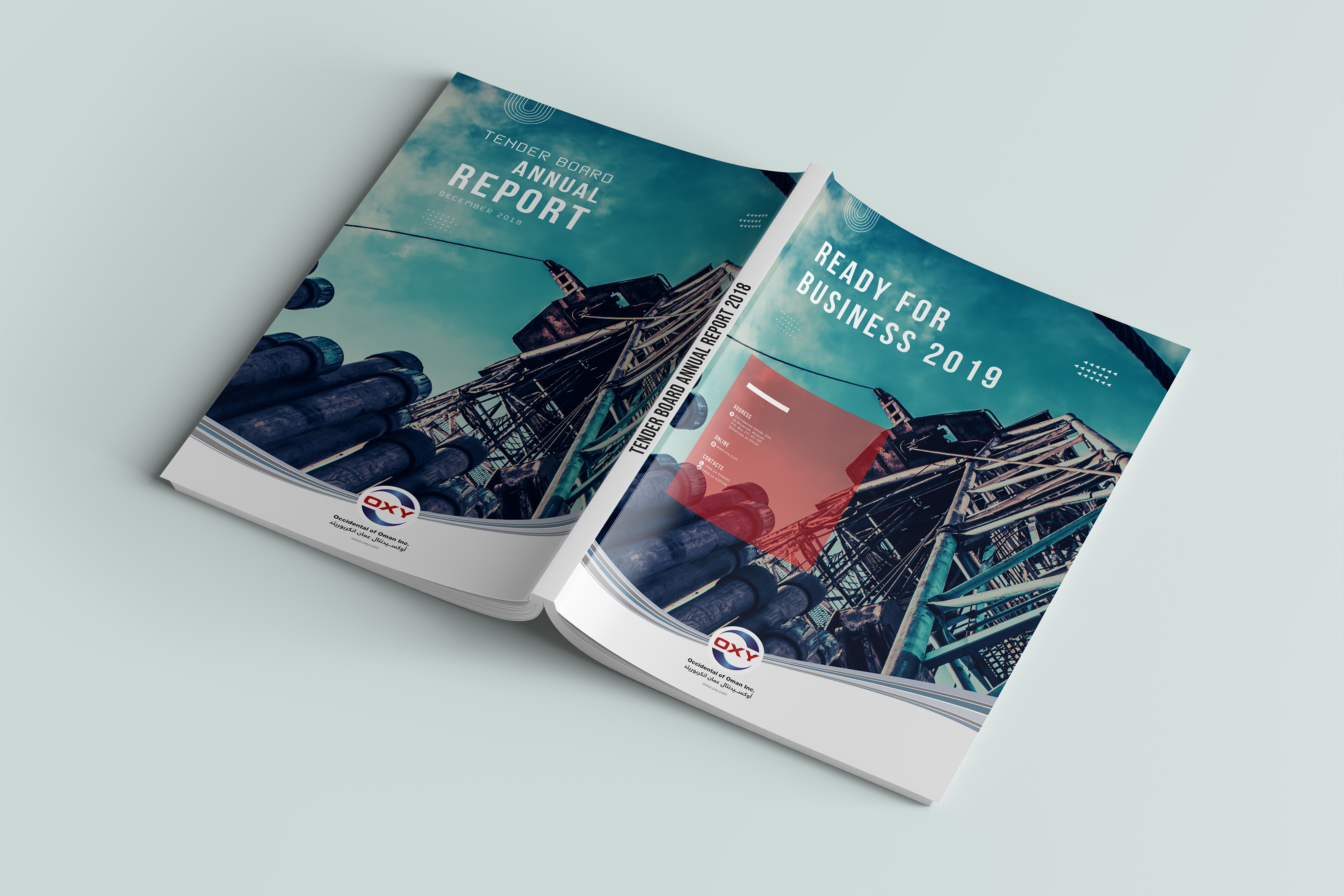 Occidental Oman Tender Board Annual Report interior layout showing data visualization and professional design elements.