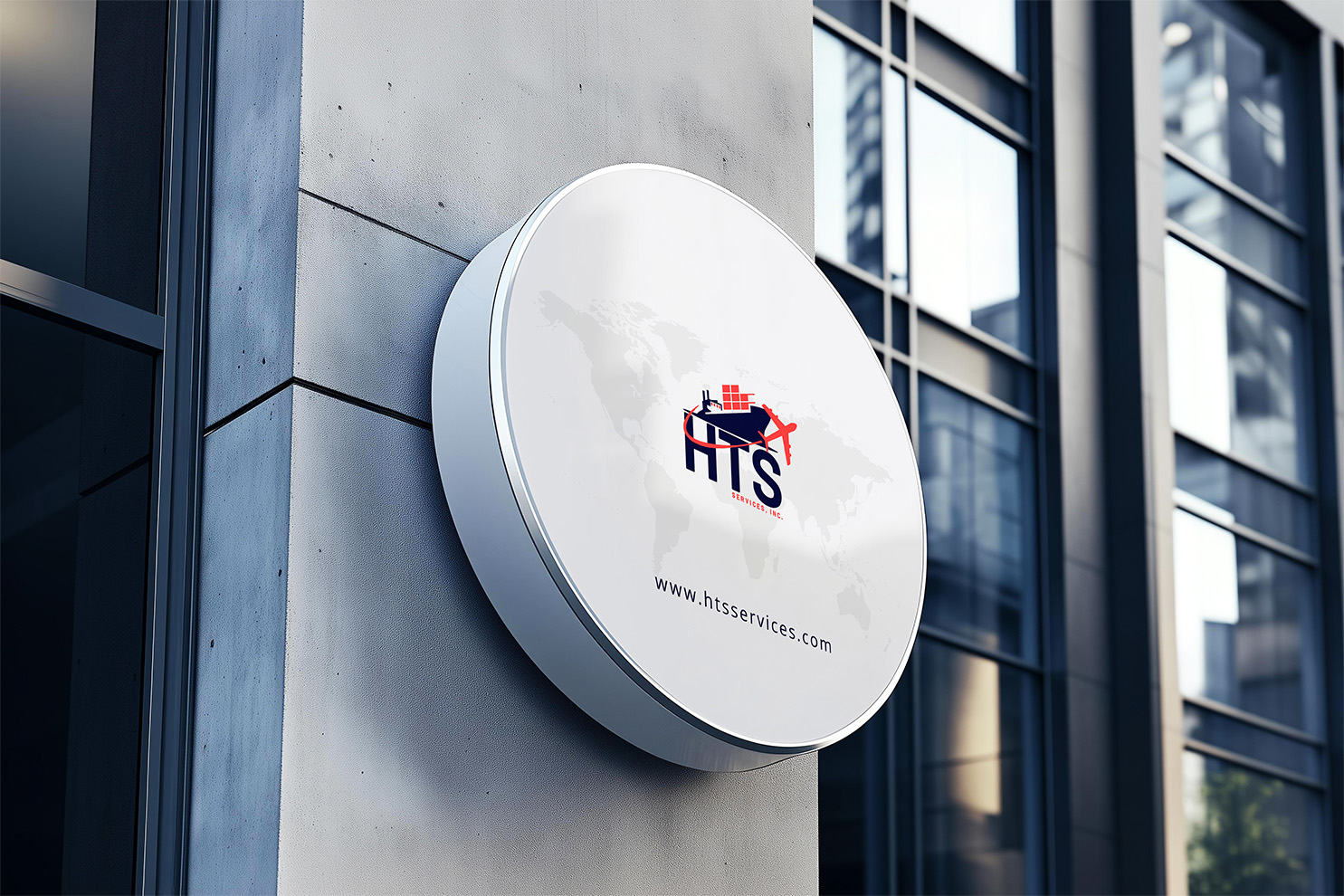HTS Services logo on a round exterior signboard mockup