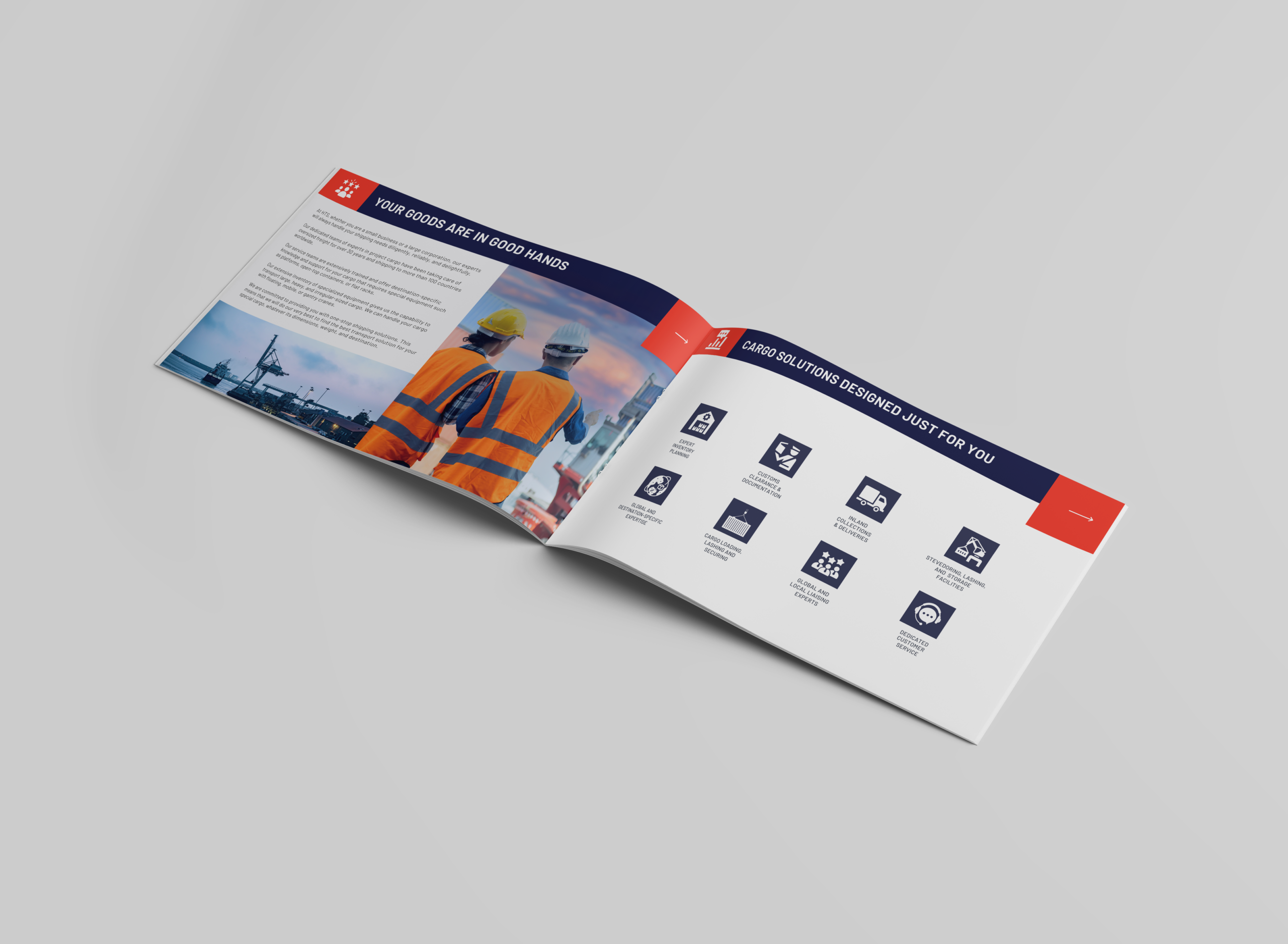 Corporate branding brochure mockup for HTS Services showing landscape A4 pages with shipping logistics imagery.