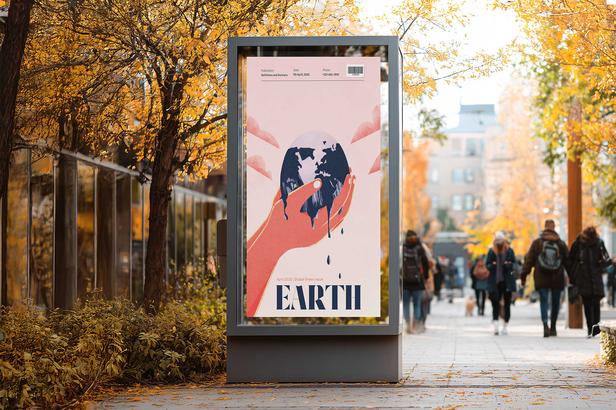 A street billboard mockup displaying an Earth Magazine cover illustration featuring a red and blue planetary design.