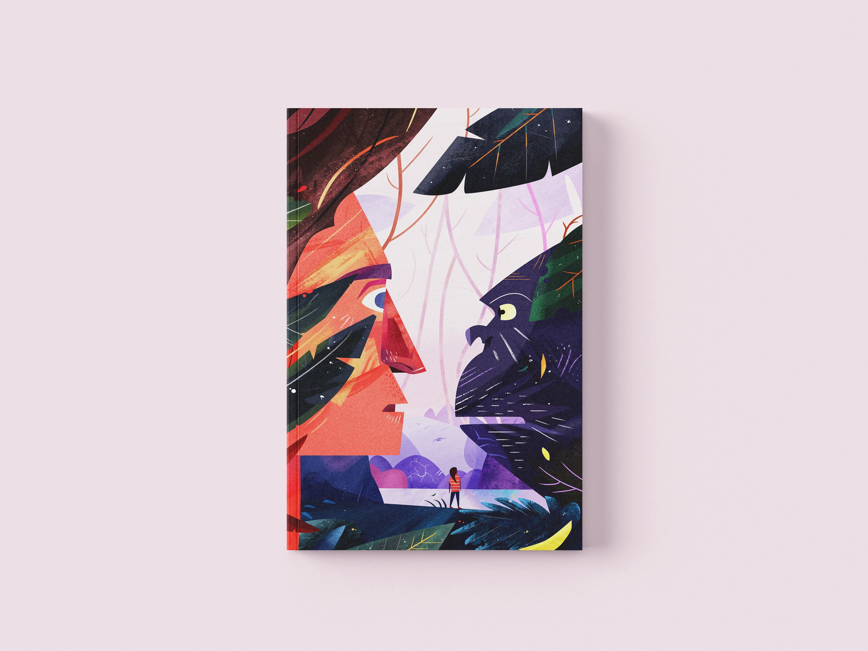 stylized illustration of a small child standing in a lush, colorful jungle between two giant mythical faces—one representing a starry night and the other a fiery sunrise.