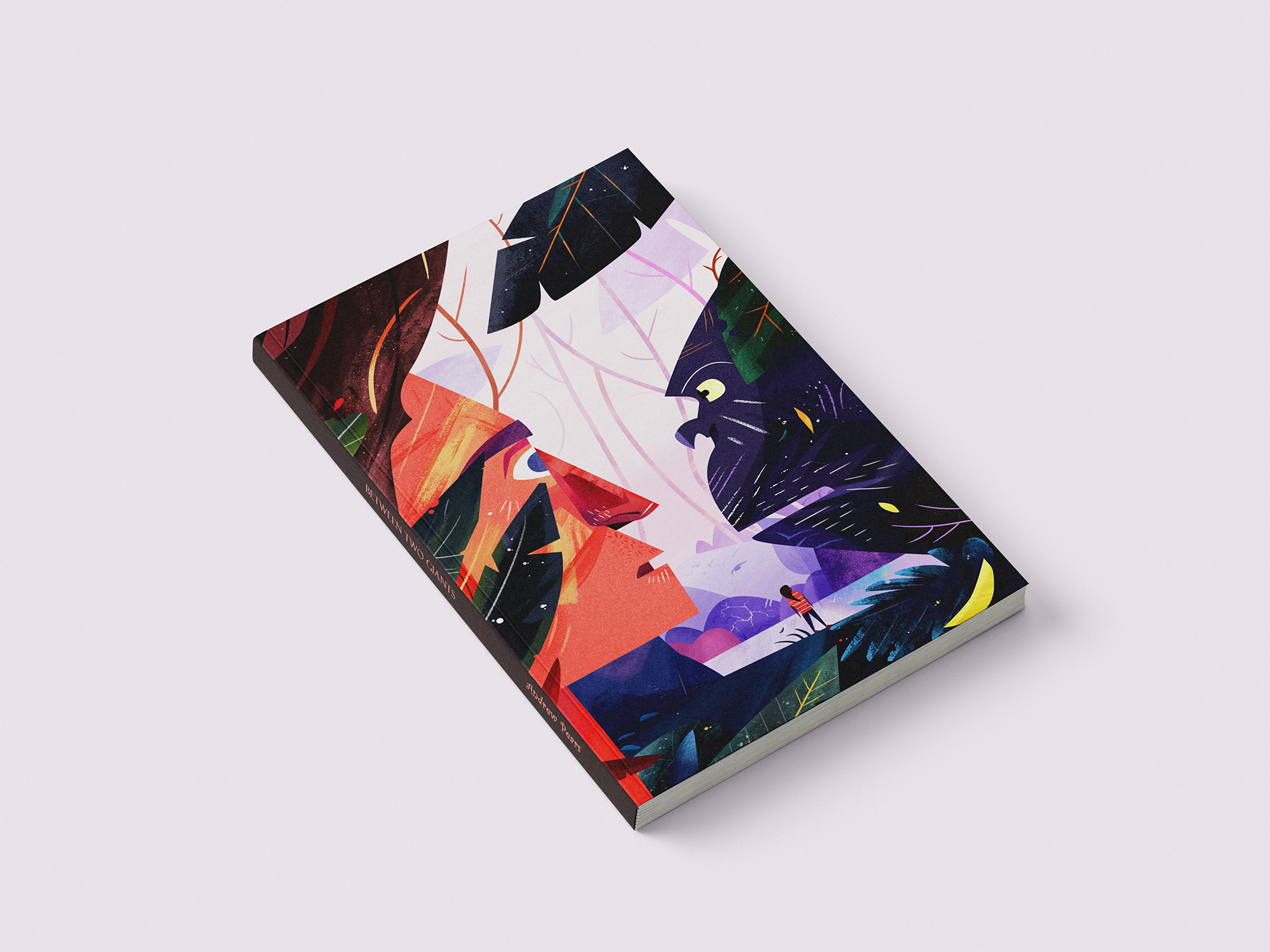 stylized illustration of a small child standing in a lush, colorful jungle between two giant mythical faces—one representing a starry night and the other a fiery sunrise.