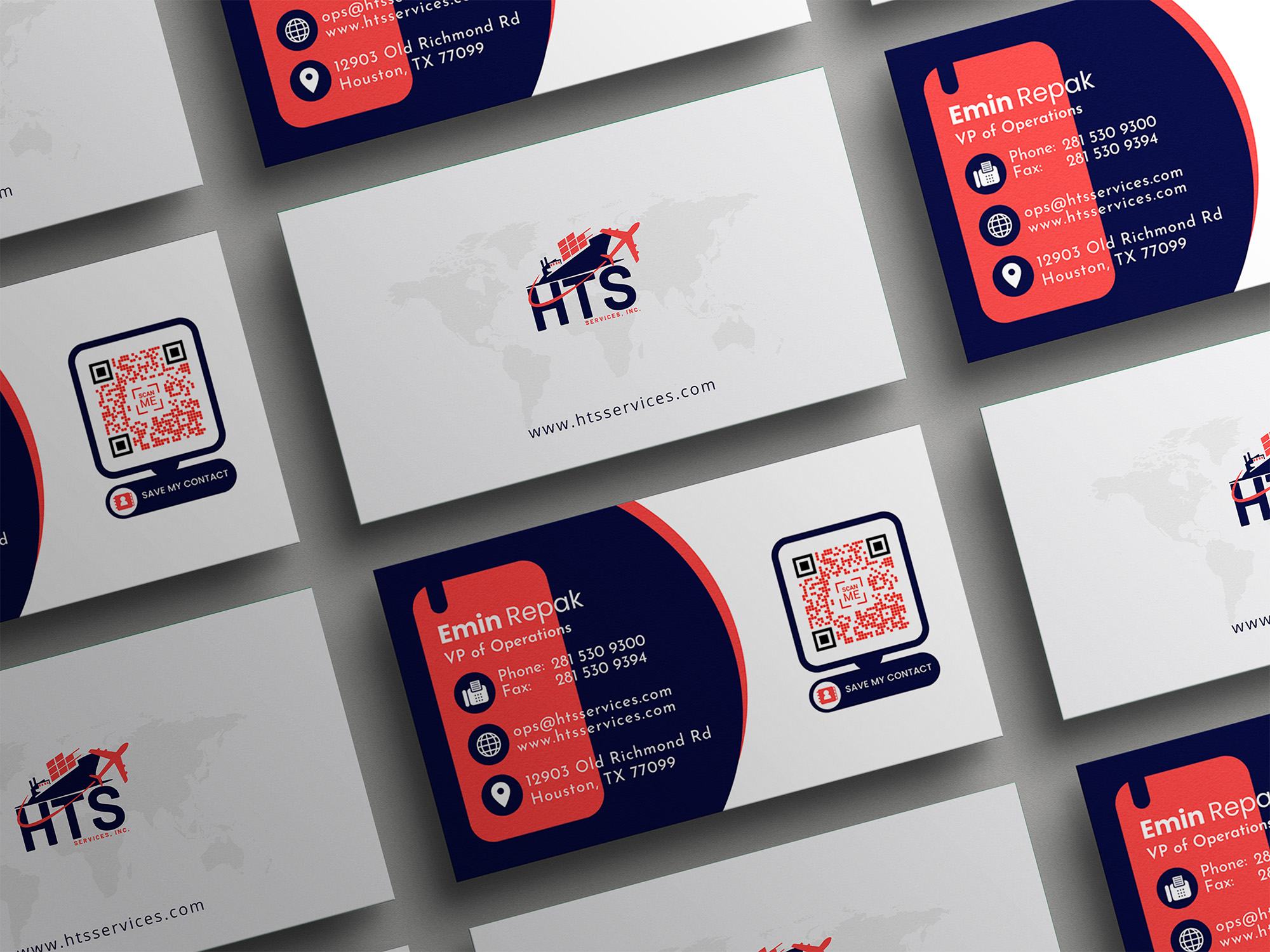 HTS Services professional business card mockup on a white desk