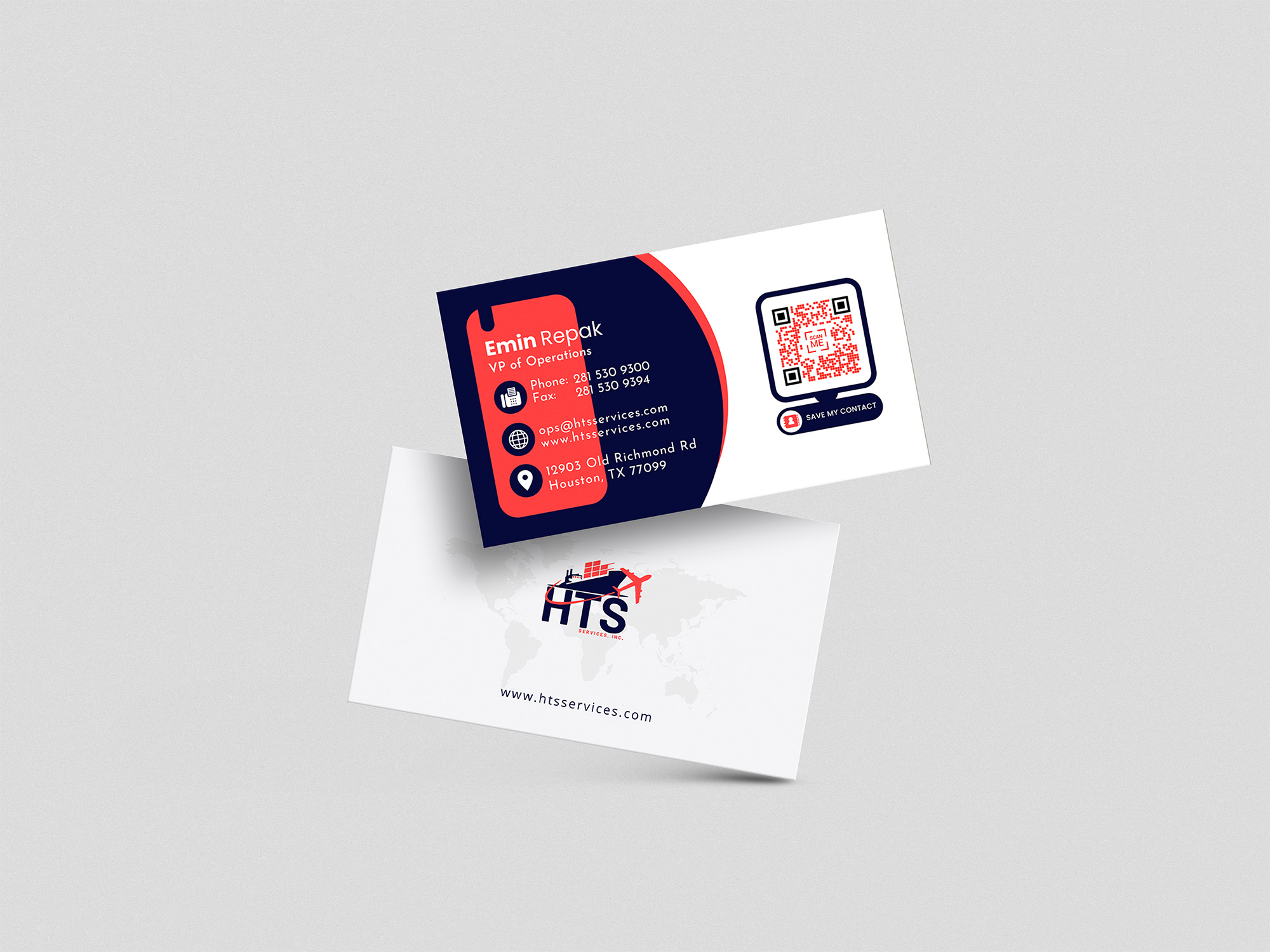 HTS Services professional business card mockup on a white desk