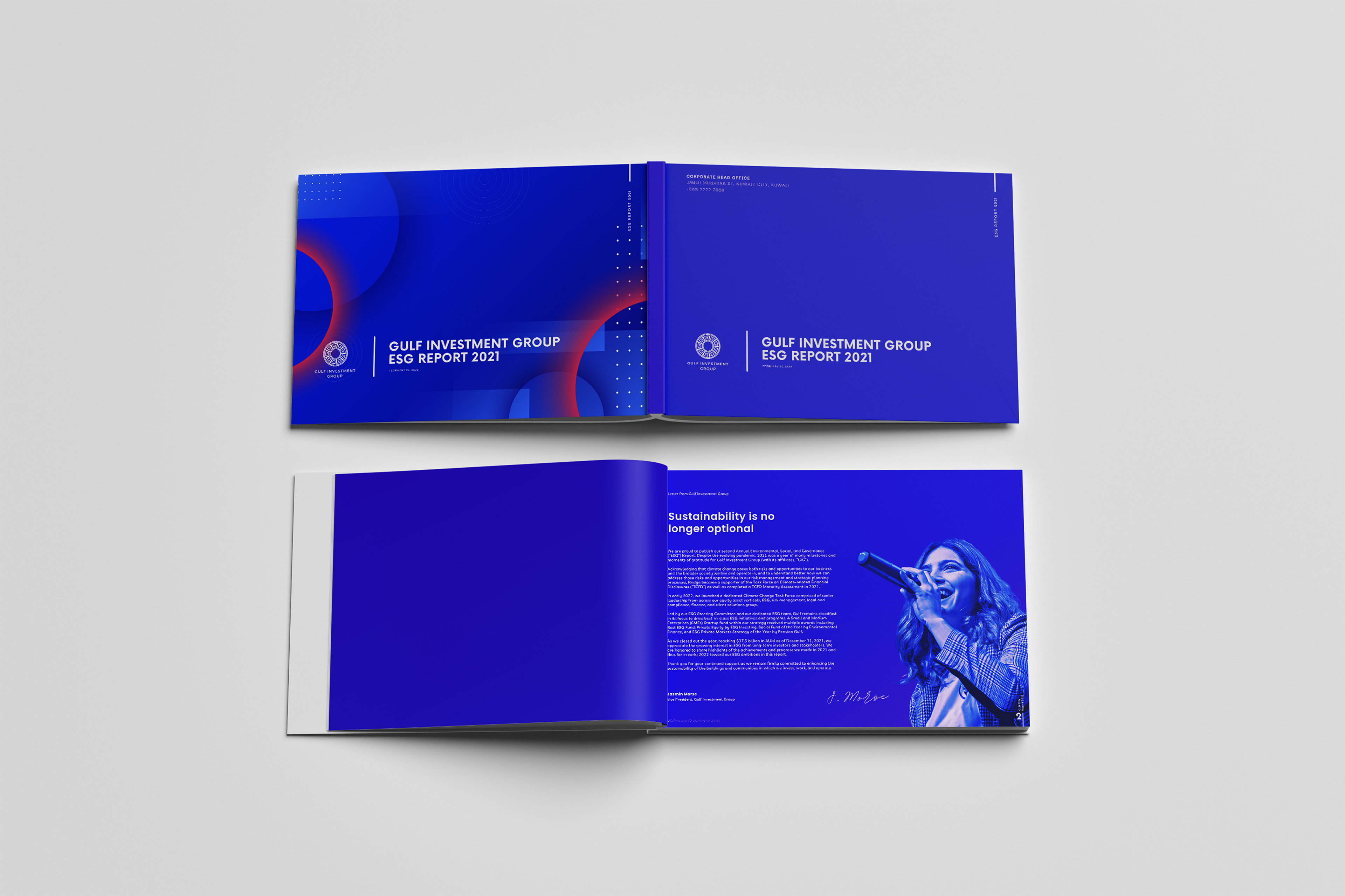 A high-quality 3D mockup of a dark blue ESG report hard cover design with corporate branding.