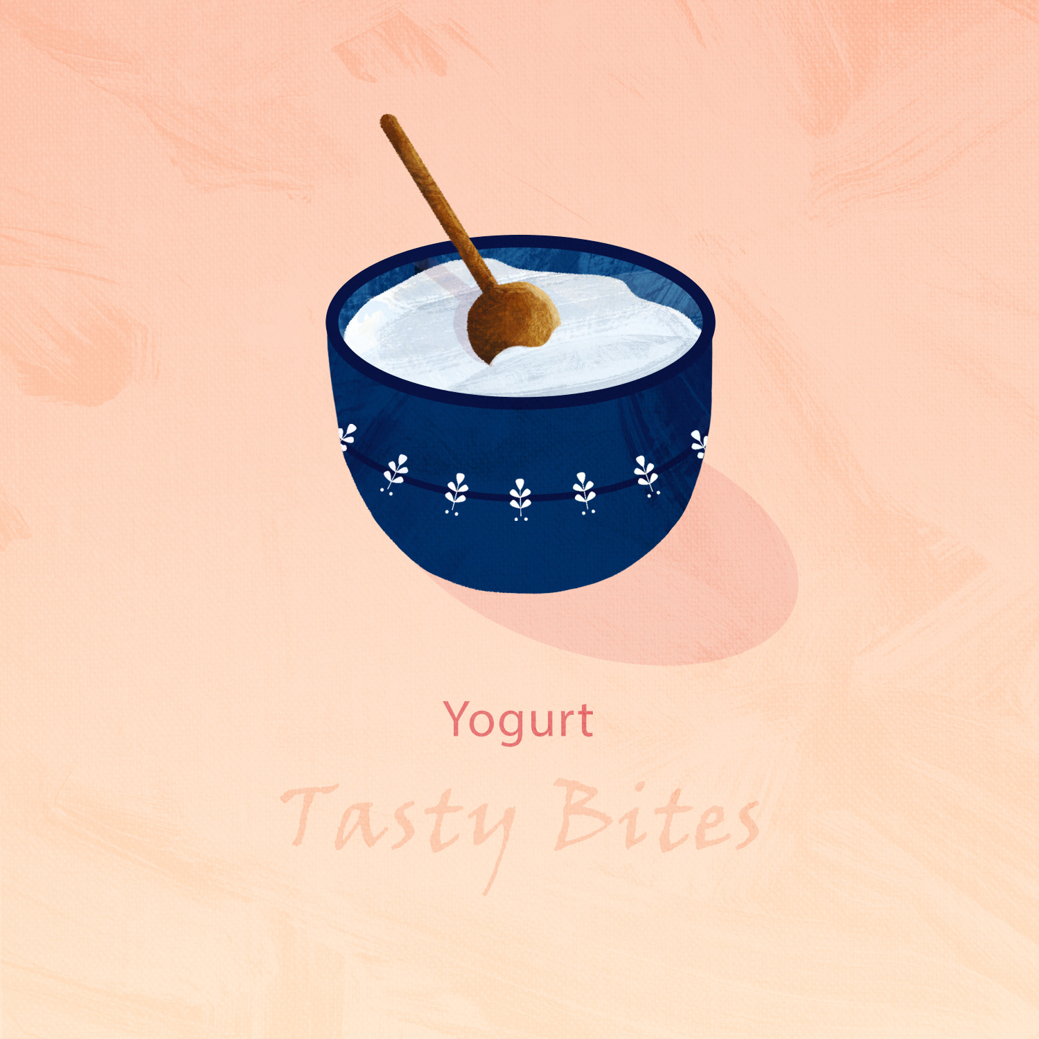 A simple flat-style illustration of a blue bowl filled with white yogurt and blueberries, featuring a wooden spoon, on a soft peach background.