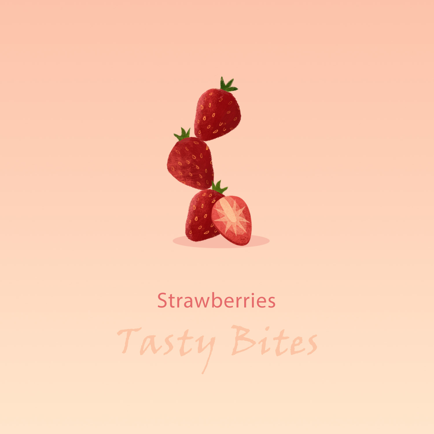 A minimalist flat-style illustration of two red strawberries with green leaves on a soft peach background.