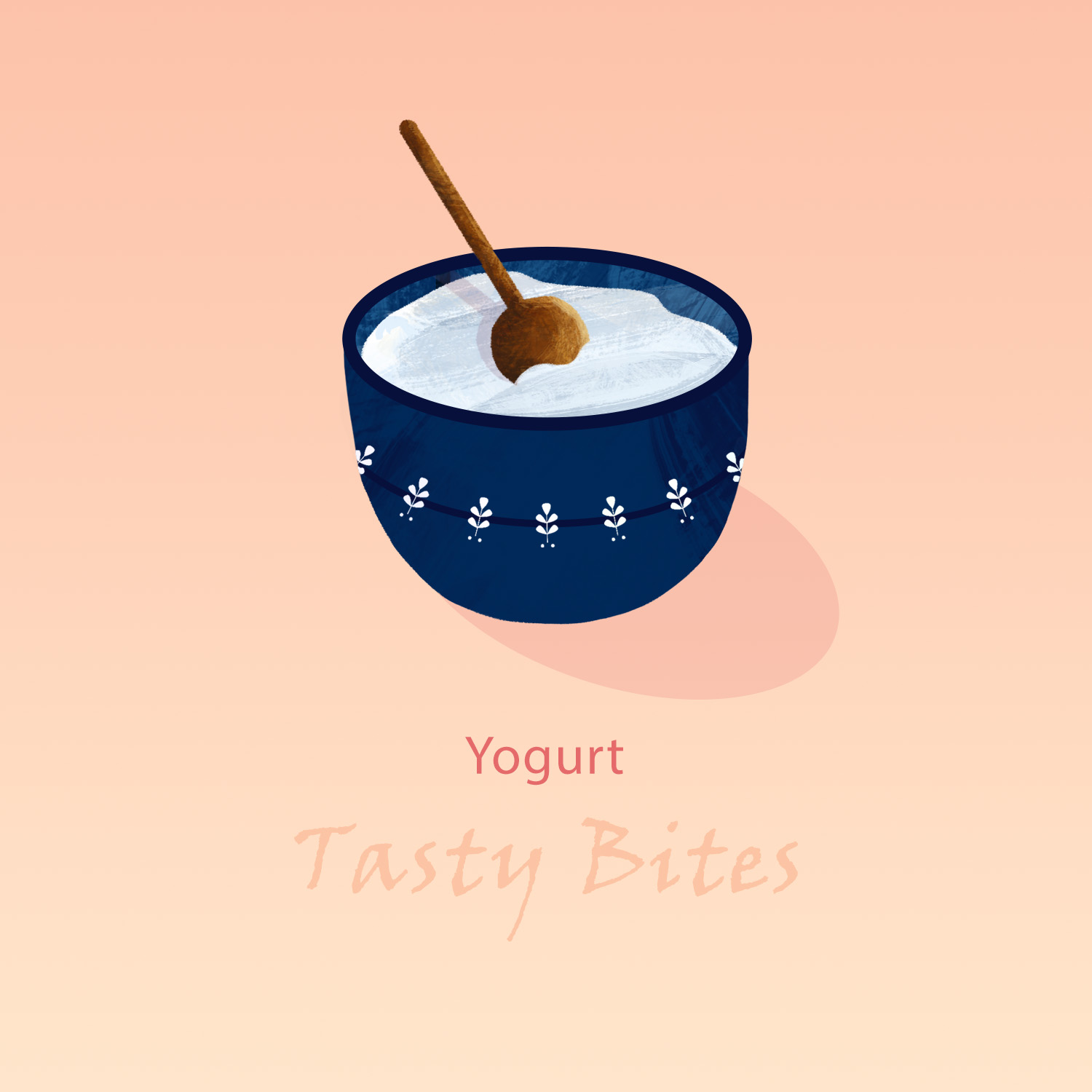 A simple flat-style illustration of a blue bowl filled with white yogurt and blueberries, featuring a wooden spoon, on a soft peach background.