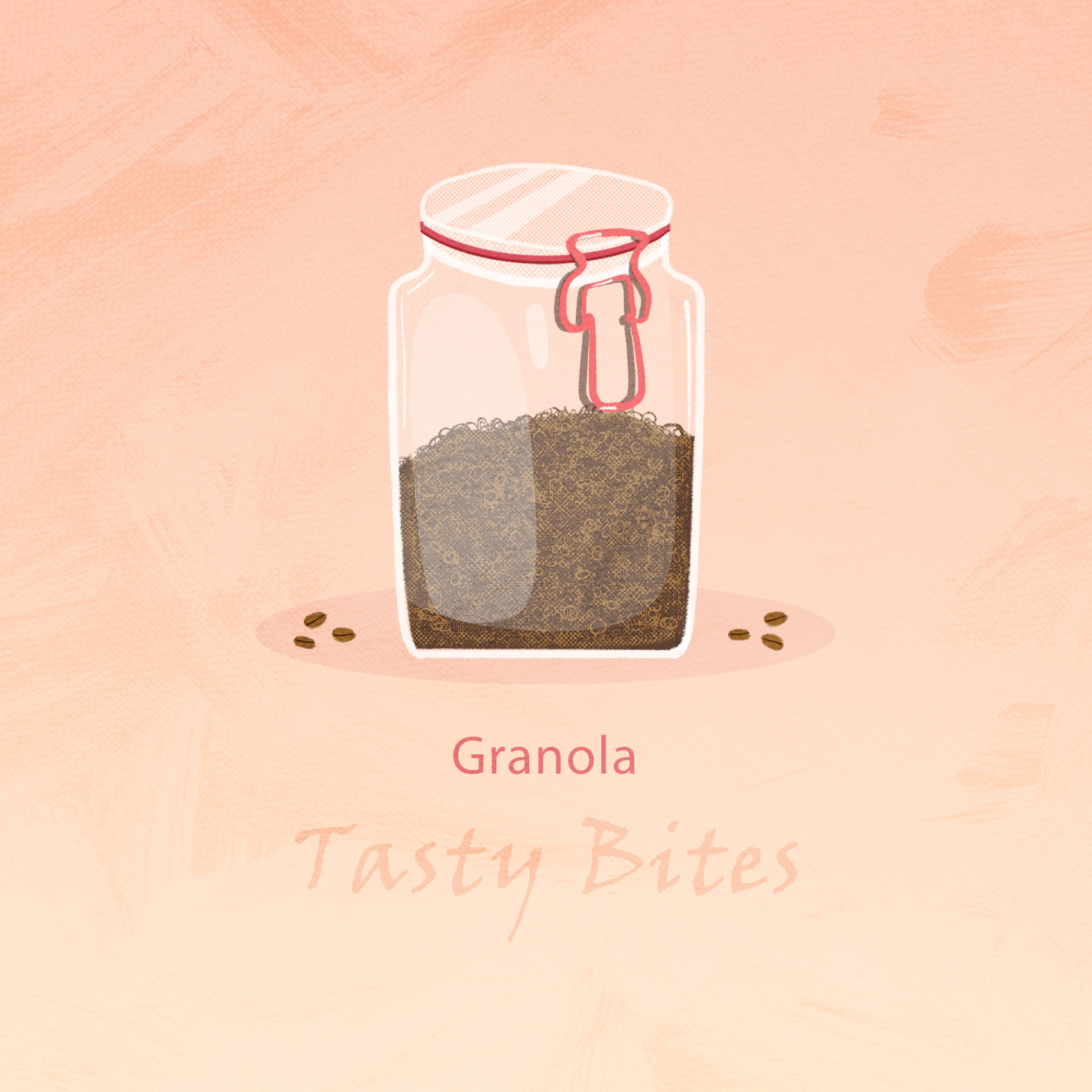 A glass jar of granola with a wooden spoon and a small "Tasty Bites" label, set against a soft peach background.