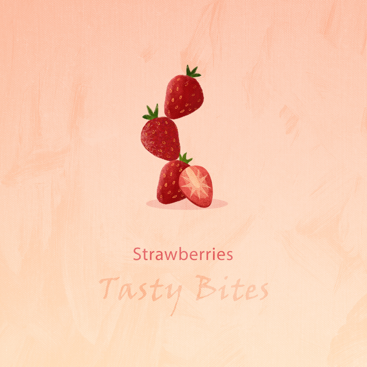A minimalist flat-style illustration of two red strawberries with green leaves on a soft peach background.