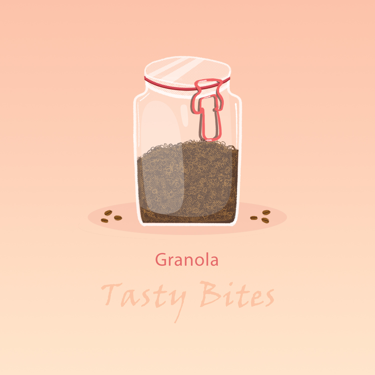 A glass jar of granola with a wooden spoon and a small "Tasty Bites" label, set against a soft peach background.