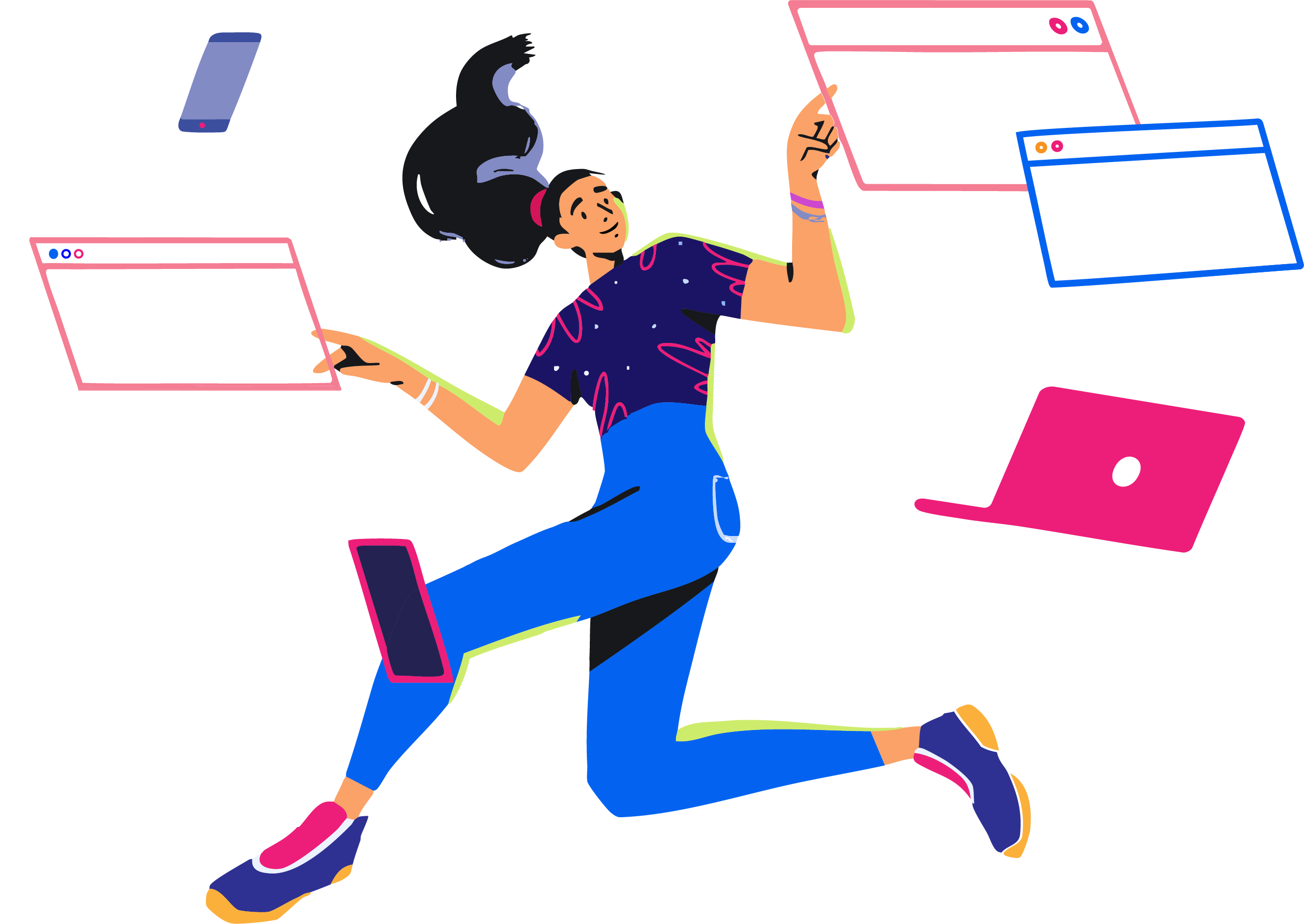 A colorful digital illustration of a woman in athletic wear running alongside a laptop and floating user interface elements.