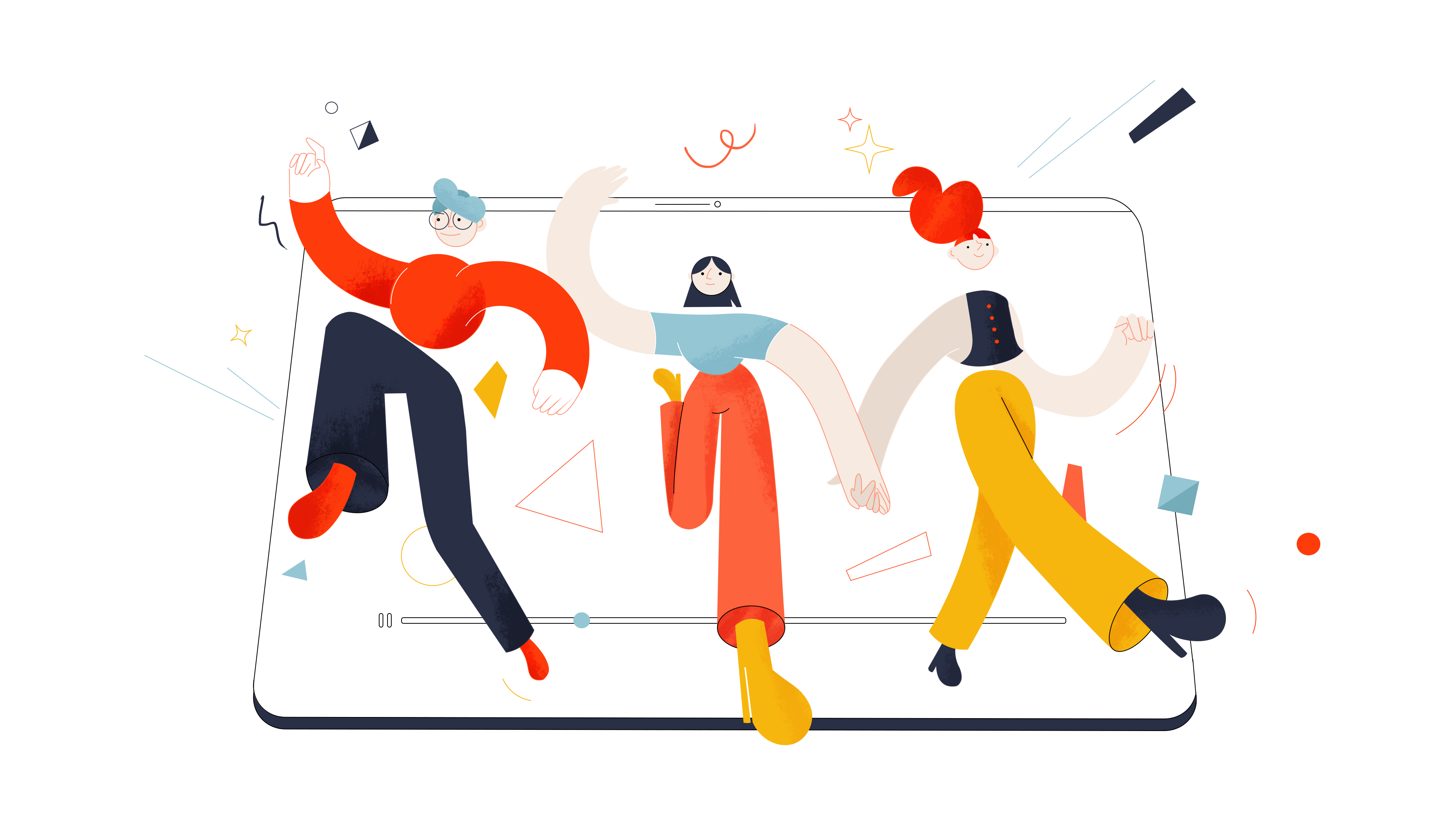 Illustration of stylized people collaborating with large lightbulb and gear icons for sustainability ideas.