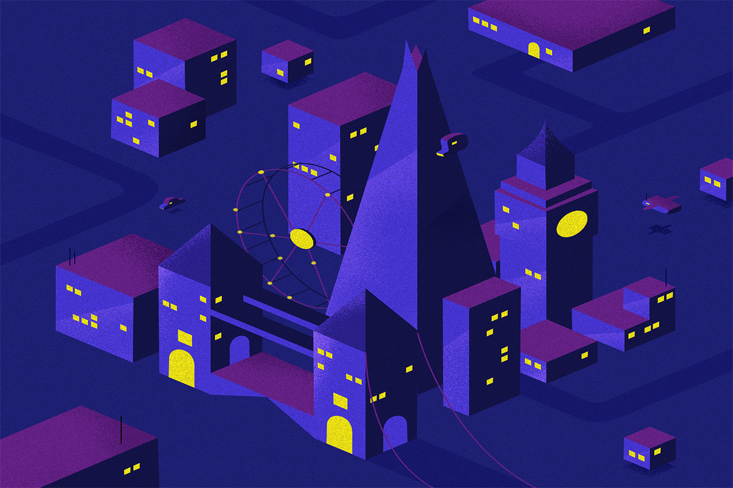 Isometric digital illustration of a city at night with blue and purple glowing buildings and stars.
