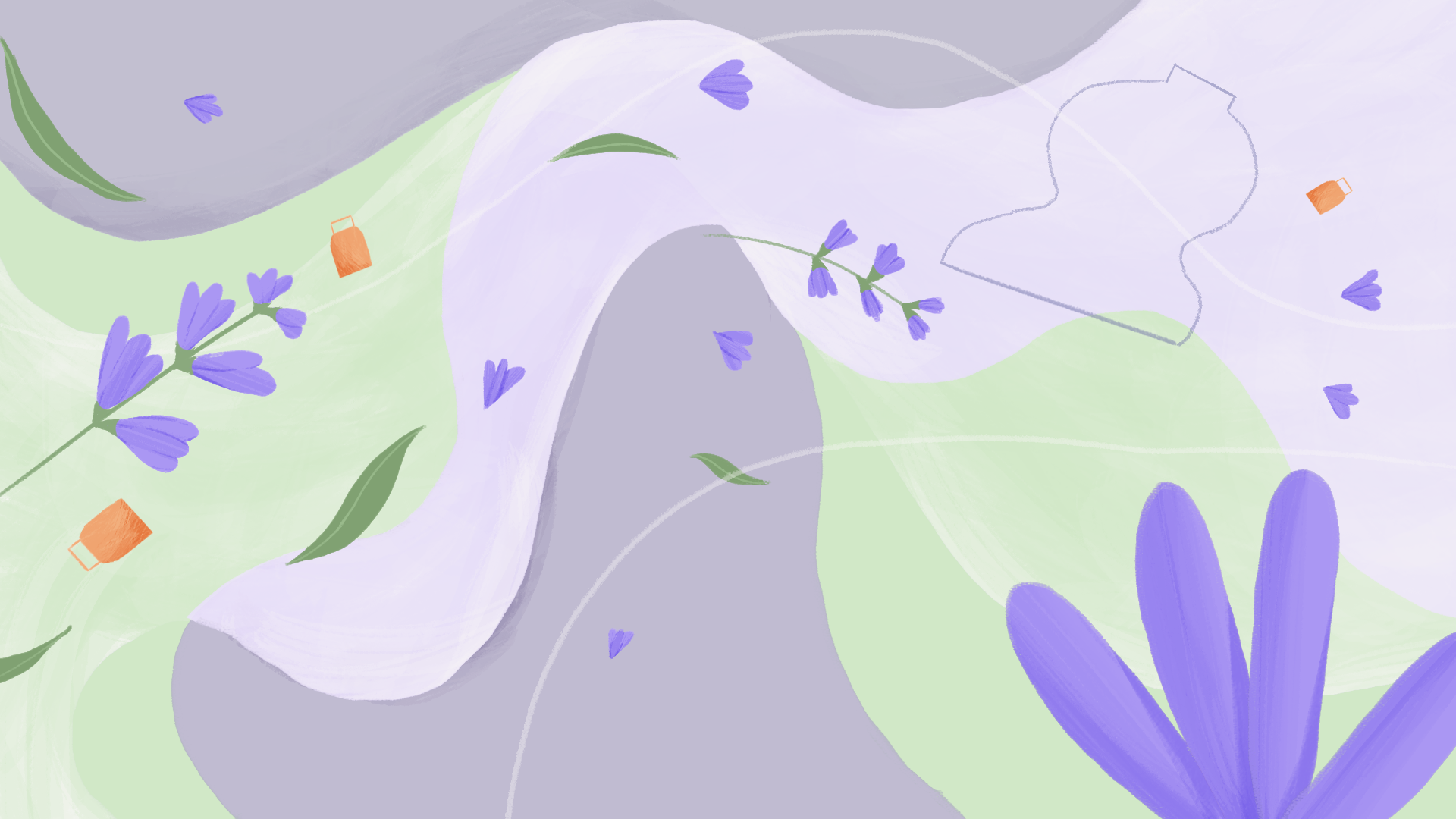 A soft-colored illustration of a person sitting in a meditative pose with abstract floral shapes and a "Be Calm" script in the background.
