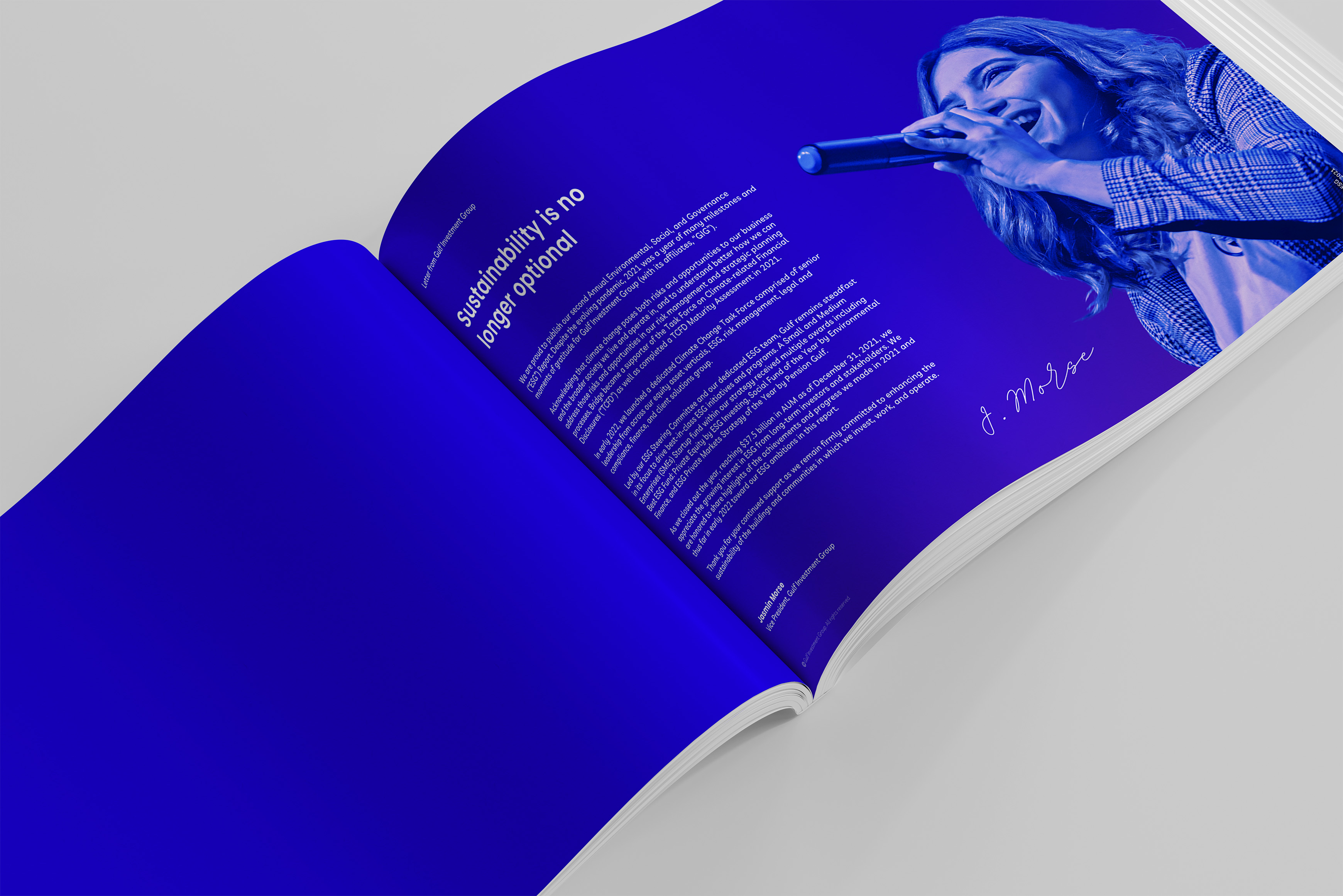 A woman holding a microphone during a presentation, with an ESG (Environmental, Social, and Governance) report theme.